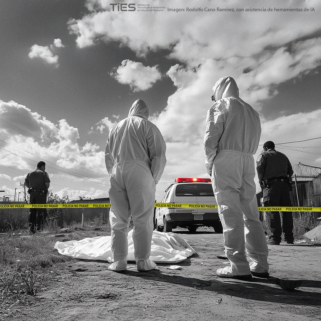 Escena forense al aire libre en blanco y negro con dos técnicos de campo vestidos con trajes protectores integrales de pie frente a un cuerpo cubierto con una sábana blanca; al fondo policías, cinta amarilla de “Policía no pasar” y un patrullero con luces encendidas bajo un cielo nublado.