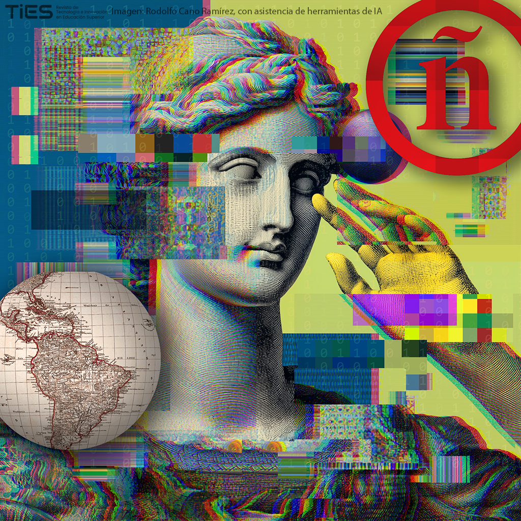 Collage digital con un busto clásico estilo grabado sobre un fondo de fragmentos de código binario y bloques de color, mano pixelada, globo con mapa de América Latina y símbolo ‘ñ’ rojo en círculo.