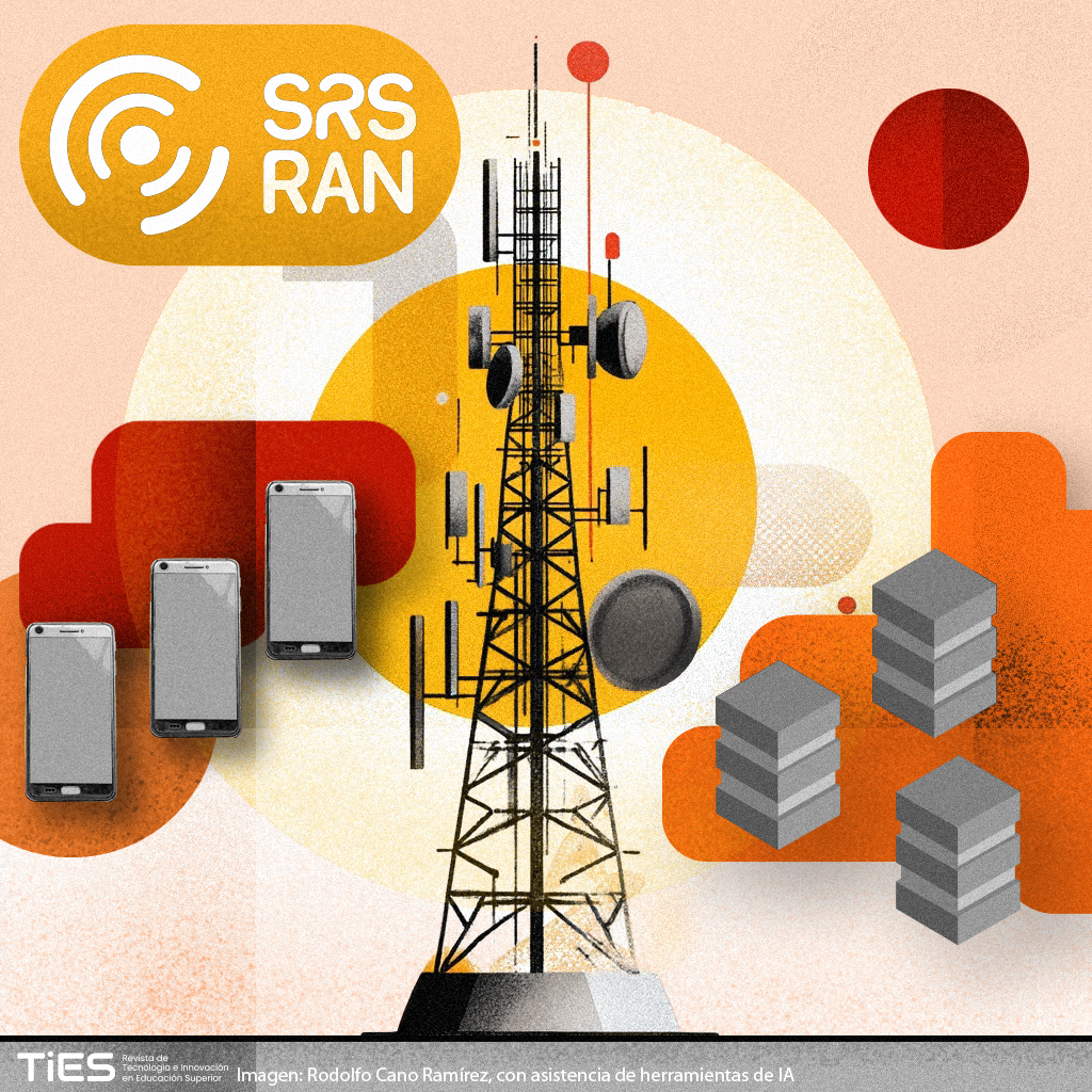 Ilustración estilizada de una torre de telecomunicaciones con antenas centrales, logo de SRS RAN sobre un óvalo amarillo en la esquina superior izquierda, tres teléfonos móviles alineados a la izquierda y tres pilas de servidores grises a la derecha, todo sobre un fondo de formas circulares y rectangulares en tonos naranjas, amarillos y beige.