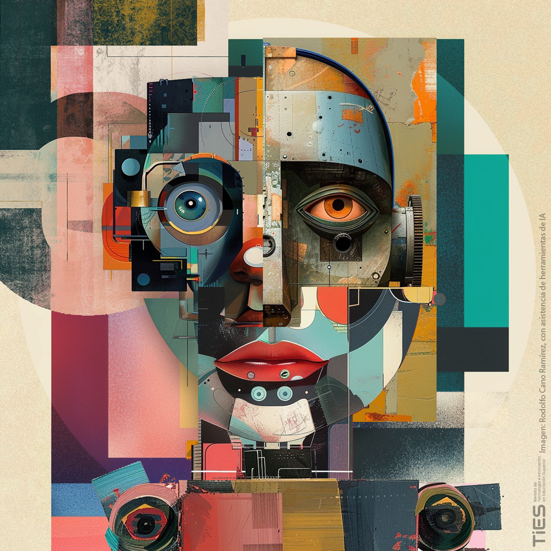 Retrato abstracto formado por bloques geométricos superpuestos en tonos crema, salmón, turquesa y ocre; muestra un rostro mitad humano, mitad mecánico, con un ojo izquierdo estilo lente de cámara, un ojo derecho metálico, labios rojos esquemáticos y detalles de engranajes y texturas digitales.